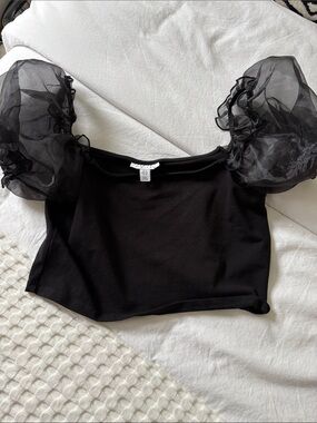 Topshop Black Puff-Sleeve Crop Top with Sheer Organza Sleeves